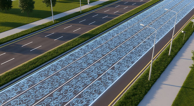 Futuristic highway with glowing blue energy lines offers clean, sustainable transportation solutions innovation