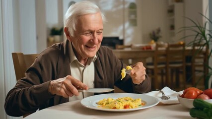 A senior man enjoying a meal with delight in a cozy setting. He is using a knife and fork, a plate of food in front of him, exuding comfort and contentment Stock Video