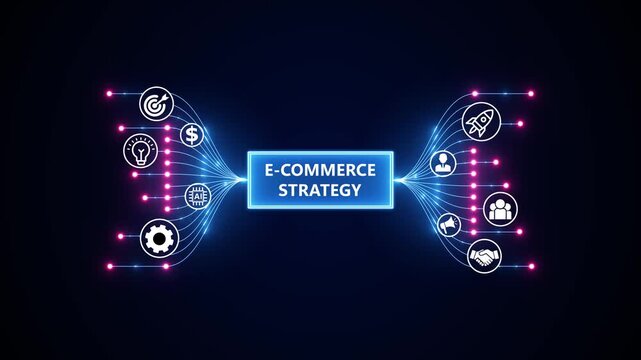E-Commerce Strategy and Digital Marketing Concept. Optimization of business and production processes. Virtual network connecting service with graphical icons in various.