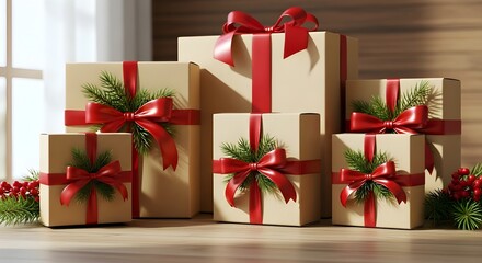 Group of Stacked Christmas Gift Boxes Wrapped in Natural Kraft Paper with Red Ribbon and Pine Branches