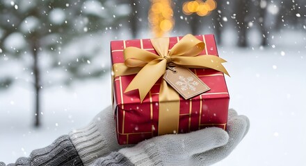 Hands in Knit Mittens Holding a Red and Gold Gift Box with Snowflake Tag Outdoors in Falling Snow