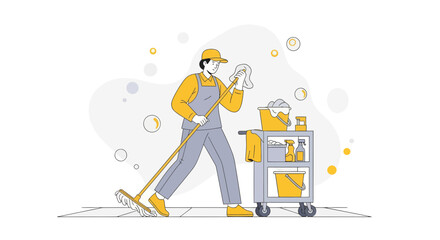Professional Janitor Working, Cleaning the Floor, Maintaining a Pristine Environment