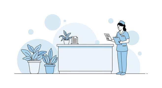 Receptionist In Medical Clinic Examining Documents Near Plants And Desk Area Setting