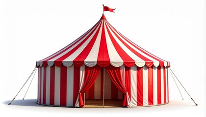 Classic red-and-white circus tent with open entrance and festive atmosphere.