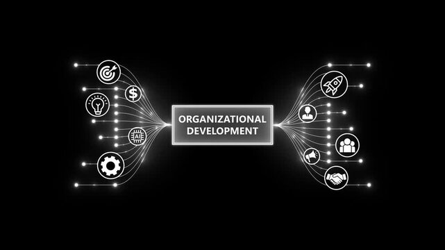 Organization Development and Business Strategy Concept. Optimization of business and production processes. Virtual network connecting service with graphical icons in various. - Powered by Adobe