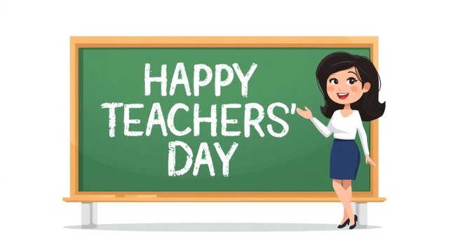 Happy teachers day greeting with a cheerful teacher at a chalkboard