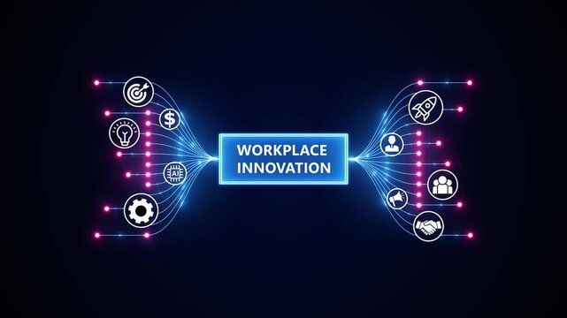 Workplace Innovation and Productivity Concept. Optimization of business and production processes. Virtual network connecting service with graphical icons in various. - Powered by Adobe