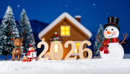 Festive winter scene with wooden “2026,” snowman, Santa, reindeer, and cozy snow-covered house.