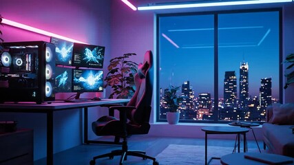 Immersive gaming room featuring a multi monitor setup, bathed in blue and pink neon. Modern desk, chair, and cityscape view creates an inspiring, tech forward atmosphere. - Powered by Adobe
