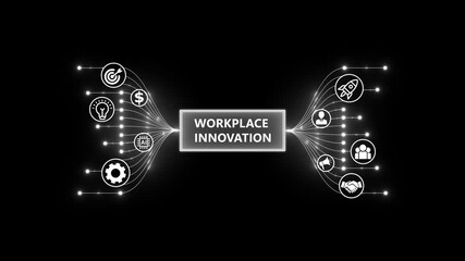 Workplace Innovation and Productivity Concept. Optimization of business and production processes. Virtual network connecting service with graphical icons in various.