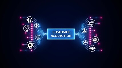 Customer Acquisition and Retention Strategy. Optimization of business and production processes. Virtual network connecting service with graphical icons in various.