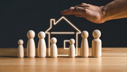 Glowing house icon above six wooden figures and protective hand, symbolizing shelter and family unity.