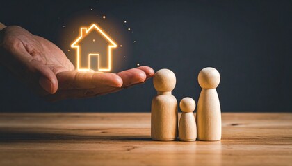 Glowing house icon above wooden family figures and hand, symbolizing shelter, care, and home ownership.