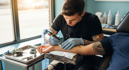 Young caucasian male tattoo artist inking design on client's arm in studio