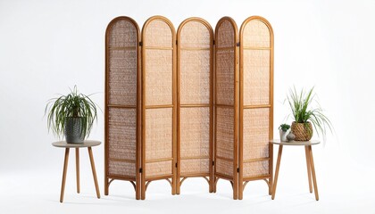 Natural interior with arched rattan divider and potted plants on round wooden tables.