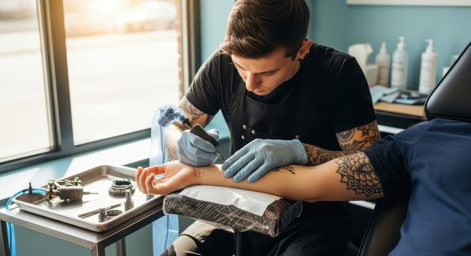Young caucasian male tattoo artist inking design on client's arm in studio