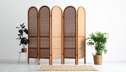 Minimalist interior with arched rattan divider, potted plants, and a beige rug on white backdrop.