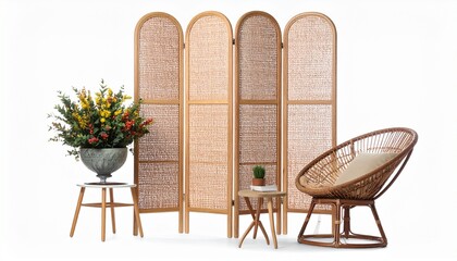 Earthy interior with rattan furniture, floral accents, and natural textures in a cozy minimalist setup.