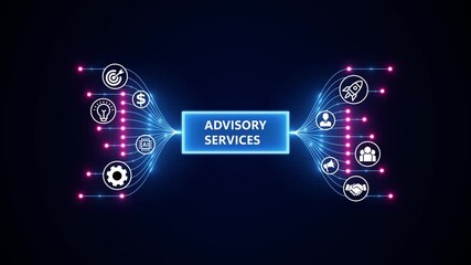 Advisory Services for Business Strategy. Optimization of business and production processes. Virtual network connecting service with graphical icons in various.