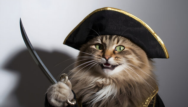 cat dressed as a pirate wearing a tiny black hat adorable fantasy costume portrait blending humor pets cosplay and playful creative character design