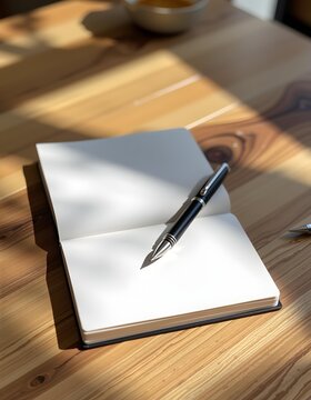 Empty Notebook with Fountain Pen on Wooden Table Illuminated by Natural Light Creating a Calm and Inspiring Workspace Atmosphere