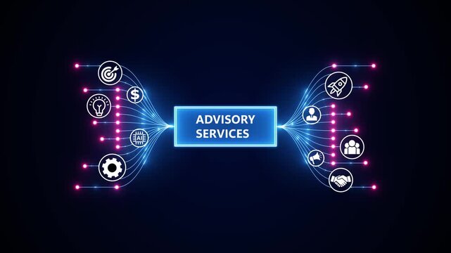 Advisory Services for Business Strategy. Optimization of business and production processes. Virtual network connecting service with graphical icons in various.