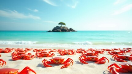 Vast swarm of bright red crabs on a sandy beach with turquoise ocean and rocky island