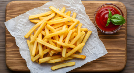 Golden brown french fries served on parchment paper with a small bowl of ketchup and basil garnish...