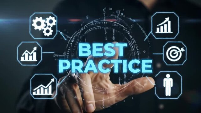 A hand touching a best practice hologram display featuring graph cogwheel target person icons on a dark background with graph cogwheel target person icon and lens flare.