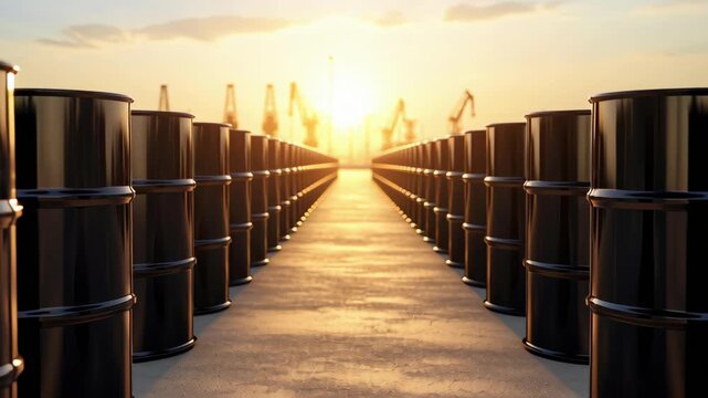 Black oil barrel industrial drum port crane sunset walkway reflection metal fuel storage refinery shipping terminal arranged rows industrial port sunset with crane silhouette and reflective metal