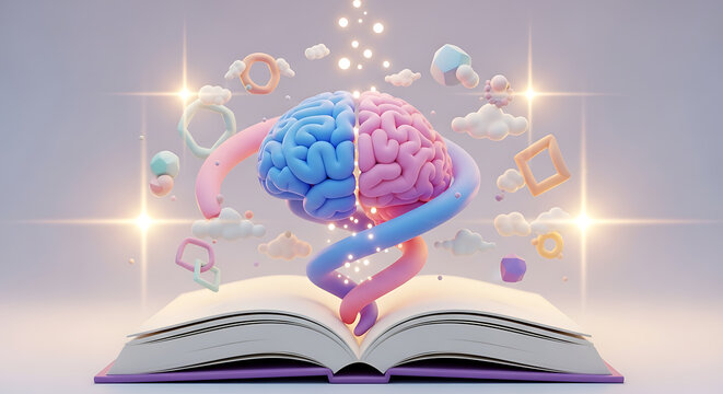 3D render of an open book with pages flowing upward into a glowing brain shape, symbolizing AI learning and knowledge, with golden light and geometric shapes on a pastel background