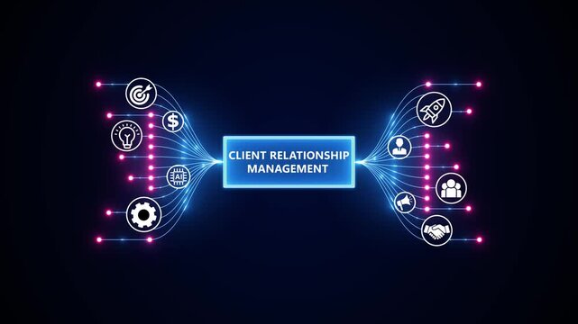 Client Relationship Management Strategies for Business Success and Growth. Optimization of business and production processes. Virtual network connecting service with graphical icons in various. - Powered by Adobe