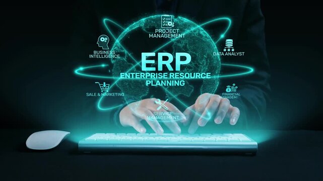 ERP platform visual showing centralized system for enterprise resource planning, improving integration, data flow, business efficiency, finance, inventory, and human resources. Elide