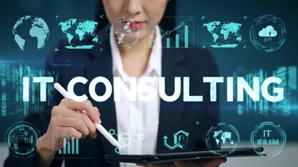 Asian woman in business attire interacts with a holographic IT consulting interface on a digital tablet against a dark background, highlighting technology and business solutions.