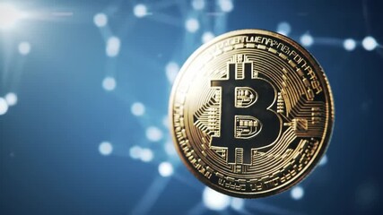 Close up of a shiny golden coin on a blurred dark blue background, adorned with a glowing network. Abstract digital currency and financial technology concept. - Powered by Adobe