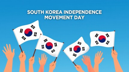 South korea independence movement day celebration with waving flags and raised hands