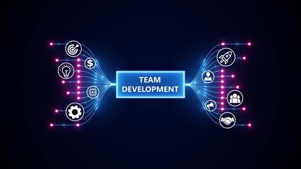 Team development, collaboration, and business success concept. Optimization of business and production processes. Virtual network connecting service with graphical icons in various. - Powered by Adobe