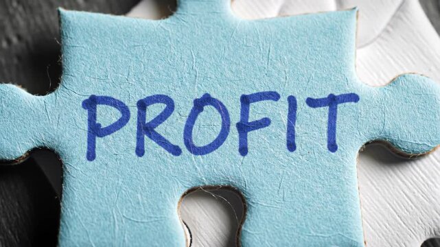 A close-up of a blue puzzle piece with the word "PROFIT" written on it. The piece is set against a background of interlocking white puzzle pieces.