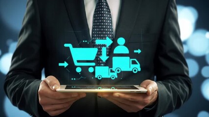 A man in a suit holds a tablet displaying bright blue ecommerce icons against a bokeh background, representing online shopping and digital retail concepts. - Powered by Adobe