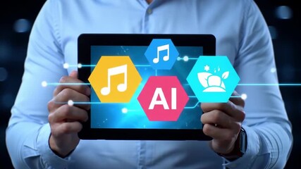 A man holds a tablet displaying music notes and AI symbols against a blue abstract backdrop, representing digital music and artificial intelligence innovation. - Powered by Adobe