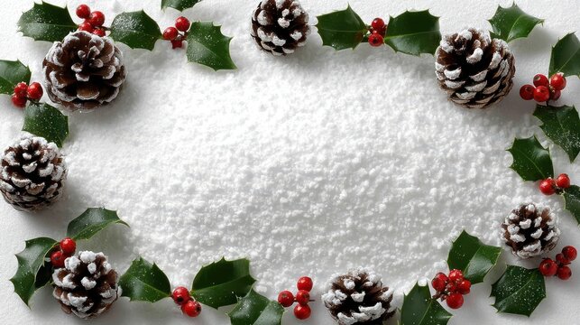 Winter border frame with holly leaves, pinecones and red berries on snow.