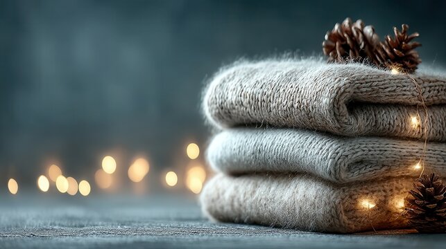 Cozy gray blankets stacked with pinecones and soft winter lights.