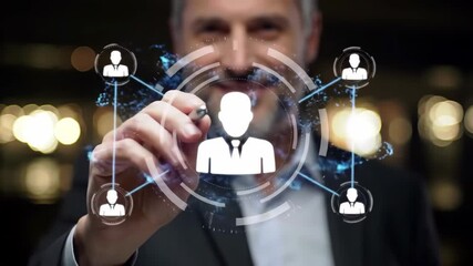 Close-up of a man in a black suit interacting with a digital network interface featuring geometric shapes and person icons, against a warm bokeh background. - Powered by Adobe
