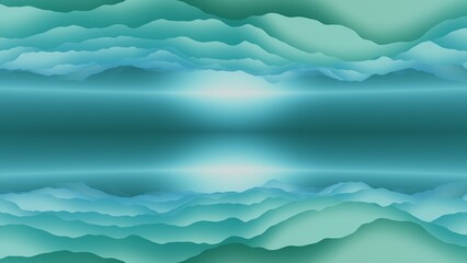 Symmetrical abstract design with horizontal turquoise teal wavy layers and soft gradient, minimalist mirrored composition background
