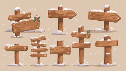 Fototapeta premium Charming winter wonderland with rustic wooden signposts pointing the way for holiday adventures and festive cheer, perfect for seasonal greetings and promotions