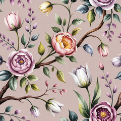 Floral pattern flowers botanical garden nature spring summer blossom bloom petals leaves branches vintage elegant decorative wallpaper background