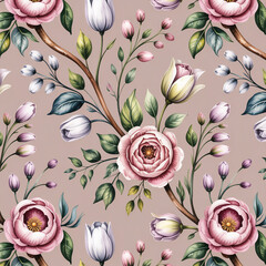 Floral pattern roses tulips buds leaves branches botanical illustration seamless design textile print wallpaper background spring summer garden