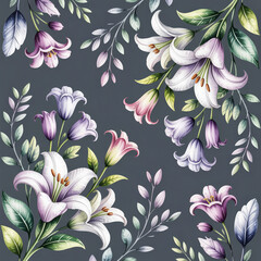 Floral pattern flowers lilies blossoms petals leaves botanical nature spring summer garden design elegant decorative background wallpaper textile art