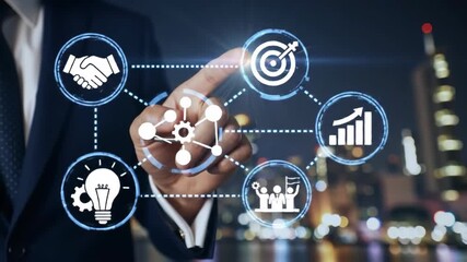 Man in a suit touches holographic business icons against a blurred cityscape. Visualizes business strategy, digital technology, and innovative solutions for corporate success. - Powered by Adobe