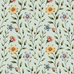 Floral pattern flowers leaves botanical nature spring summer garden blossom bloom petal stem watercolor elegant backdrop textile wallpaper design art